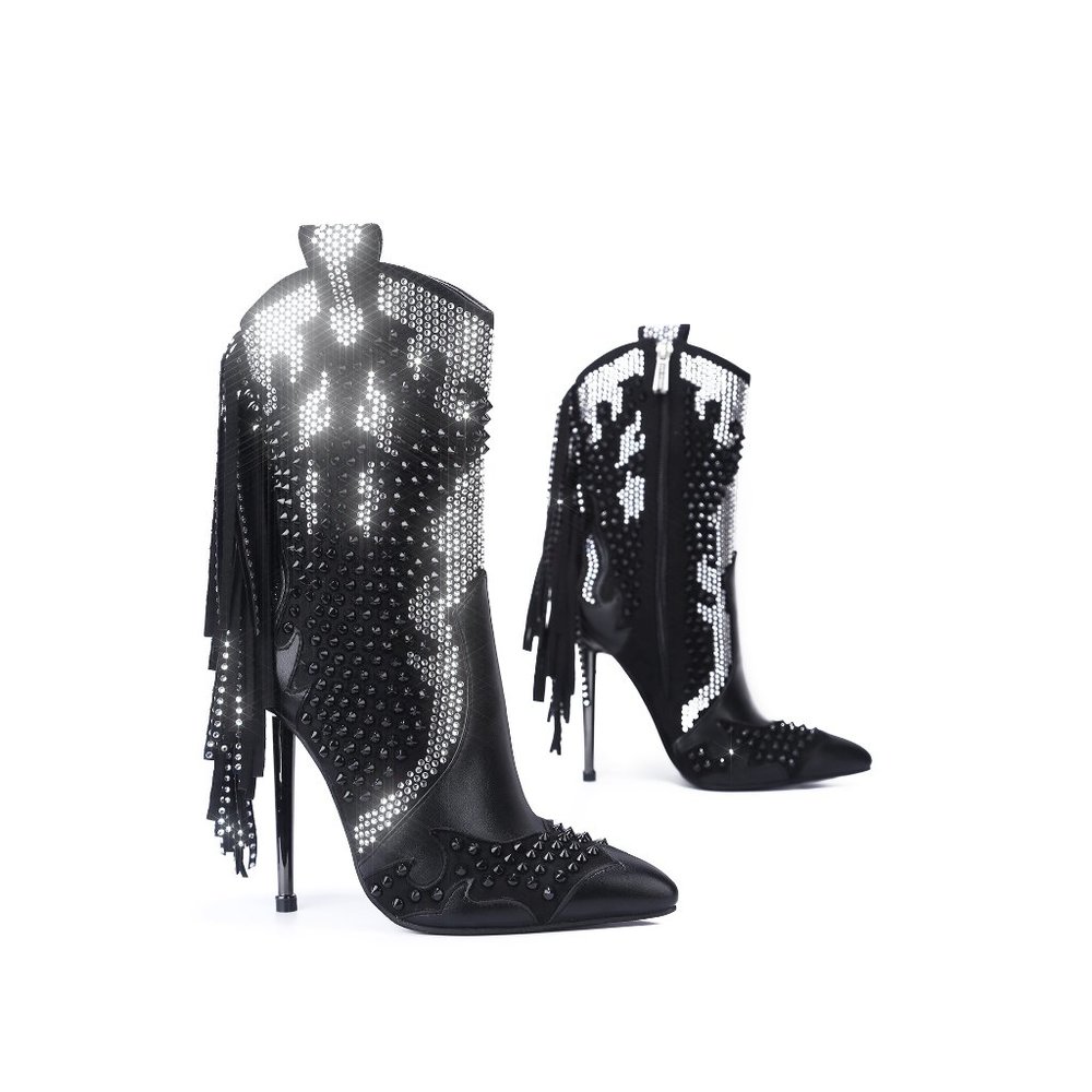 NWB Fring and Rhinestone Stiletto Booties - Picture 3 of 9